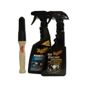 Zestaw do czyszczenia komory silnika Meguiars środek do czyszczenia + dressing do komory silnika + Monster Shine Atlasta pędzel do czyszczenia silnika